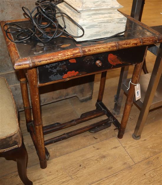 A distressed white and grey painted baluster table lamp and a Victorian bamboo framed lacquer table W.54cm